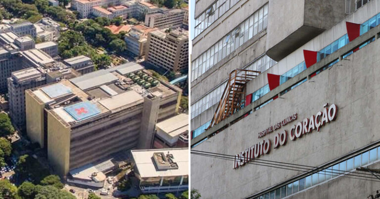 Montagem com imagem áerea do complexo hospitalar Hospital das Clínicas, e fachada do Incor.