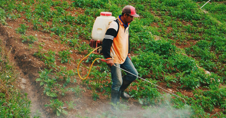 Imagem de um agricultor utilizando equipamento para aplicar produtos químicos agrícolas sobre uma plantação.